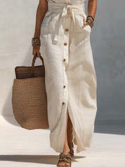 Effortless Boho Linen Utility Button-Front Belted Sleeveless Maxi Shirt Dress