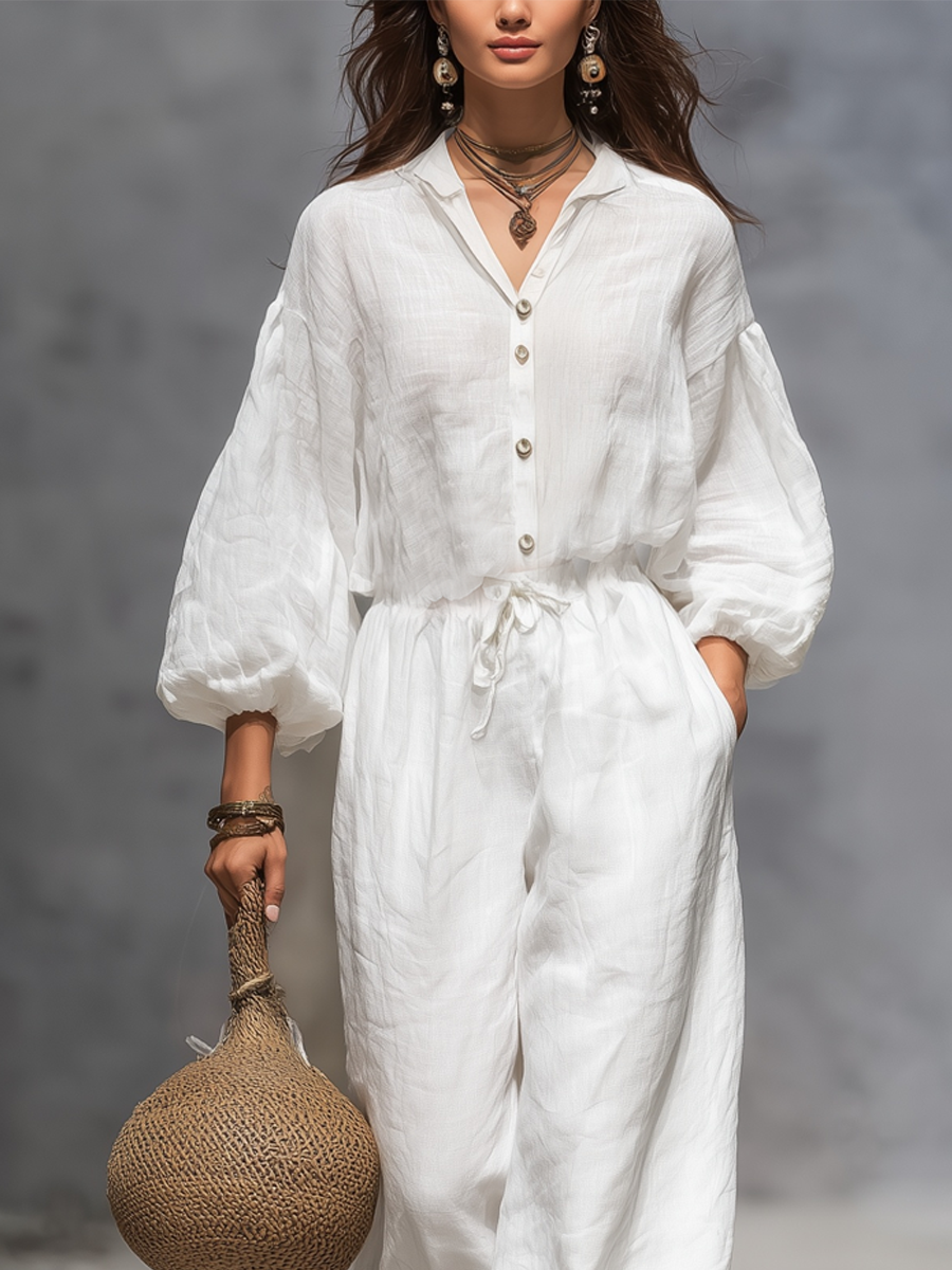 Casual White Cotton And Linen Lantern Sleeve Jumpsuit