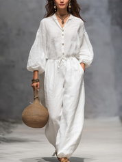 Casual White Cotton And Linen Lantern Sleeve Jumpsuit