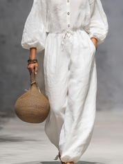 Casual White Cotton And Linen Lantern Sleeve Jumpsuit