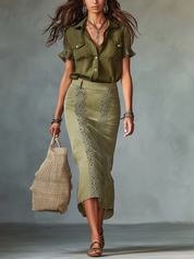 Refined Olive Lace-Trim Shirt & Midi Skirt Set