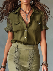 Refined Olive Lace-Trim Shirt & Midi Skirt Set