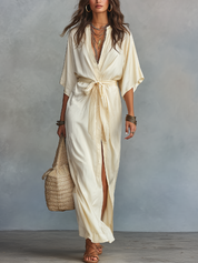 Elegant Ivory Tie-Waist Shirt Maxi Dress