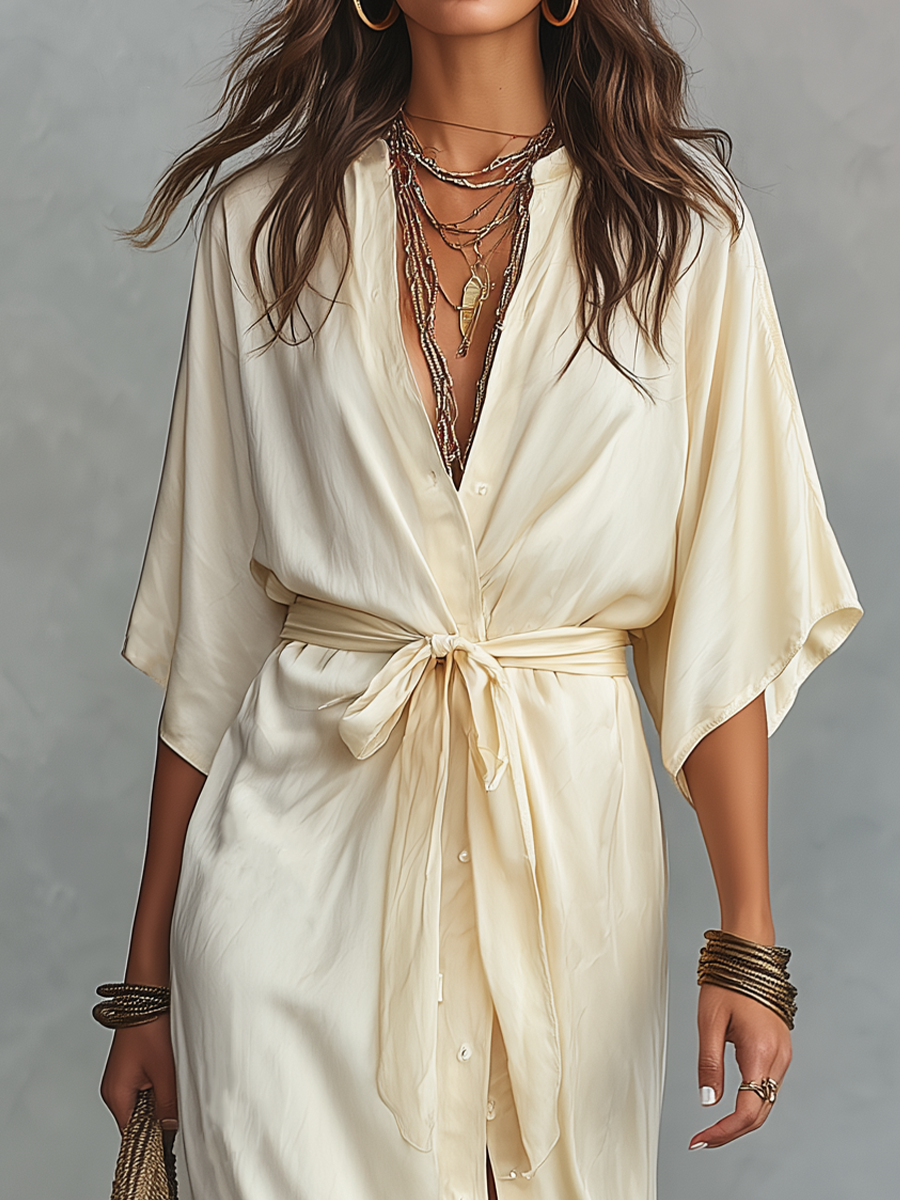 Elegant Ivory Tie-Waist Shirt Maxi Dress