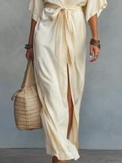 Elegant Ivory Tie-Waist Shirt Maxi Dress