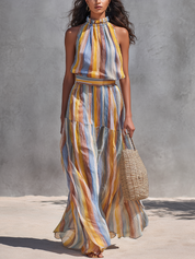 Chic Multicolor Stripe Halter Maxi Dress