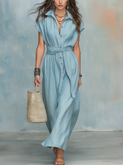 Refined Powder Blue Belted Shirt Maxi Dress