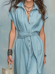 Refined Powder Blue Belted Shirt Maxi Dress