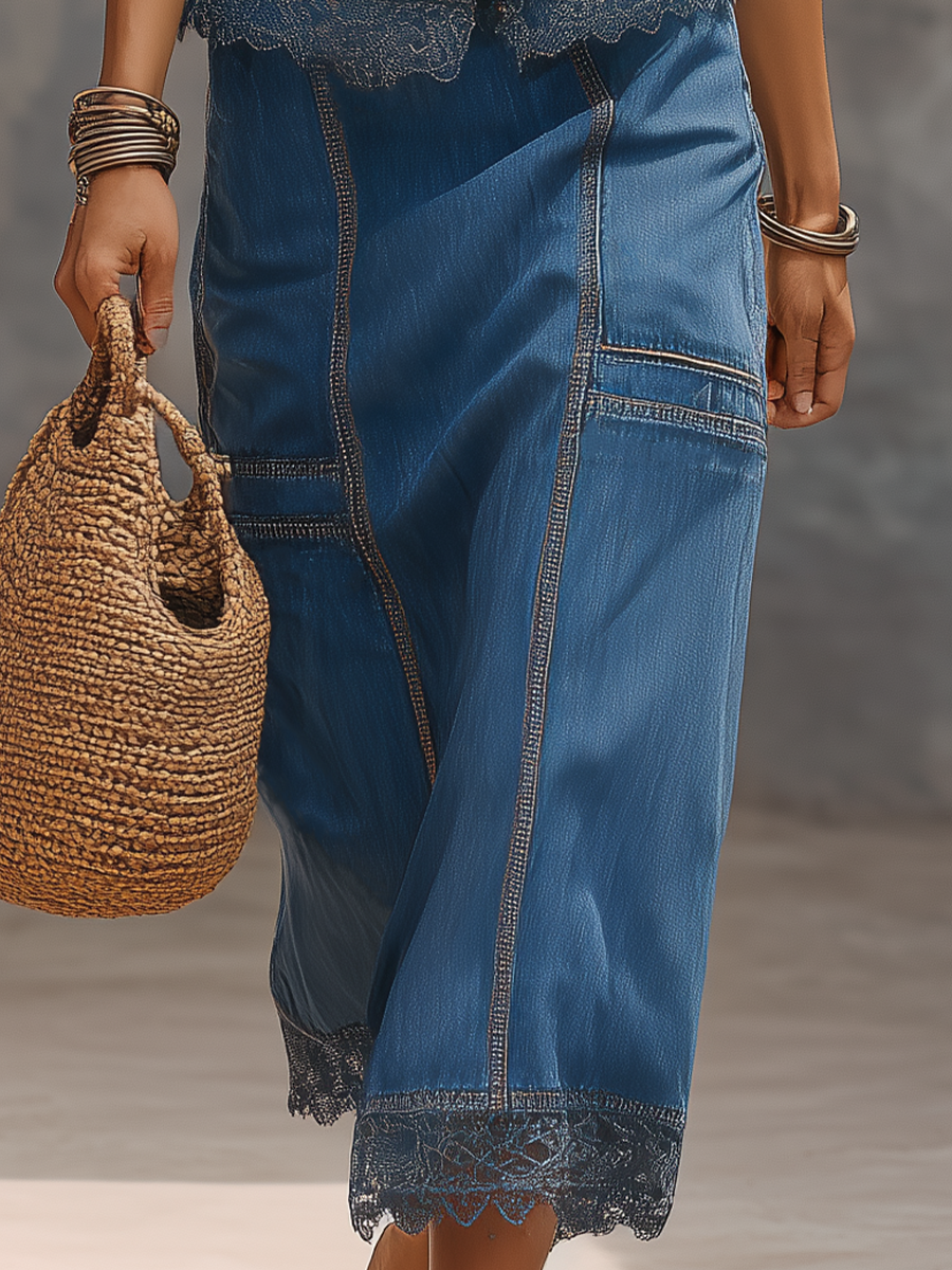 Sophisticated Denim Sleeveless Vest & Midi Skirt Set