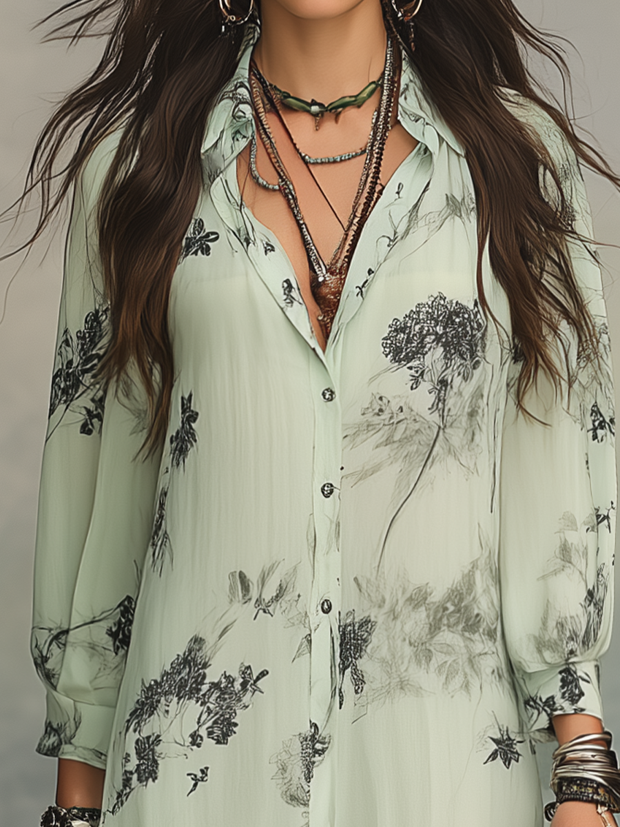 Elegant Mint Botanical Print Shirt Maxi Dress