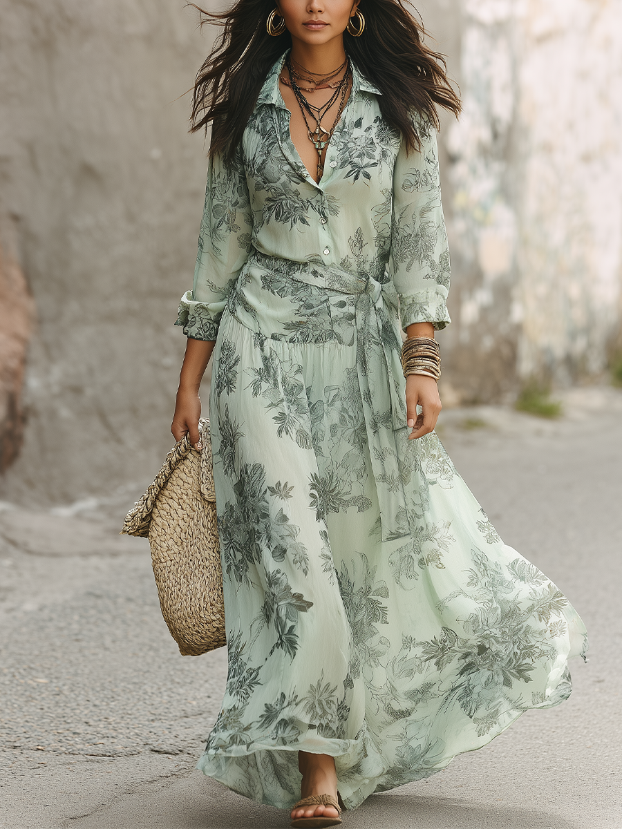 Refined Sage Floral Wrap Maxi Dress