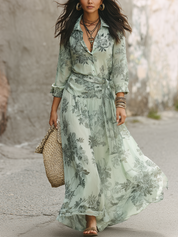 Refined Sage Floral Wrap Maxi Dress