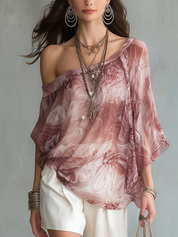 Graceful Rose Marble Print Off-Shoulder Blouse
