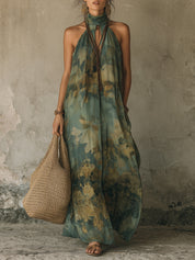 Boho Retro Floral Print Keyhole Neck Chiffon Maxi Dress