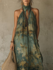 Boho Retro Floral Print Keyhole Neck Chiffon Maxi Dress