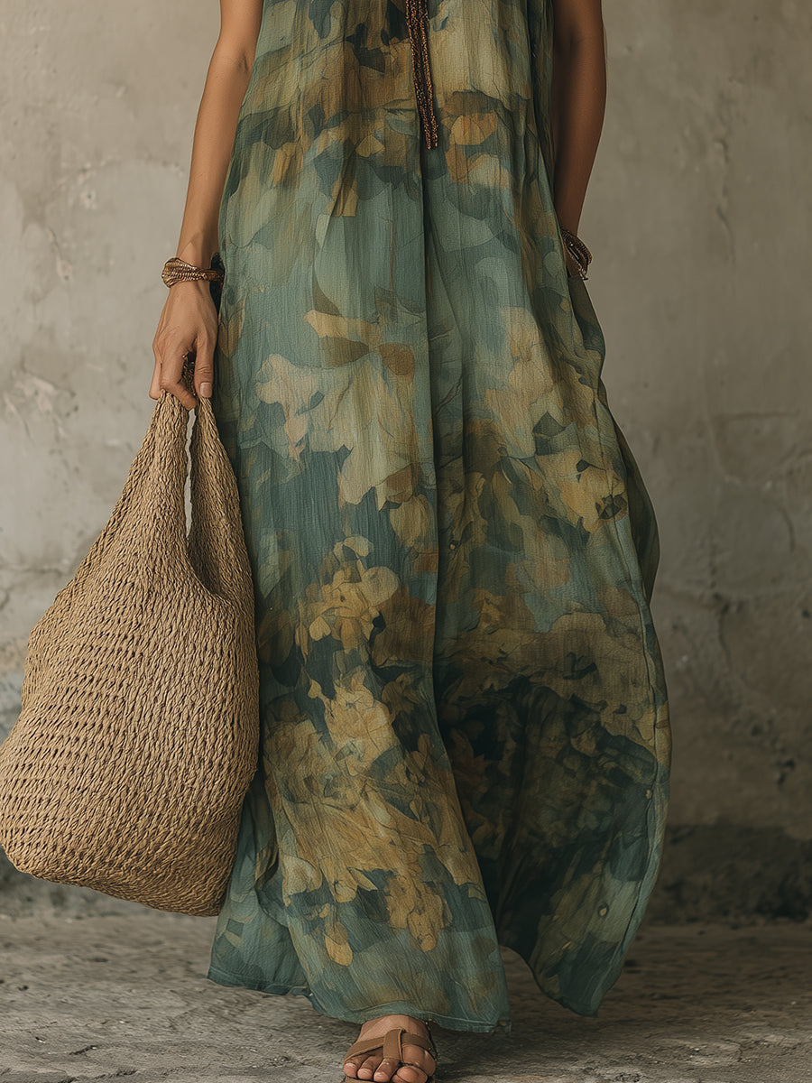 Boho Retro Floral Print Keyhole Neck Chiffon Maxi Dress