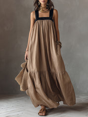 Retro Color-Block Tencel Maxi Dress With Ruffled Hem