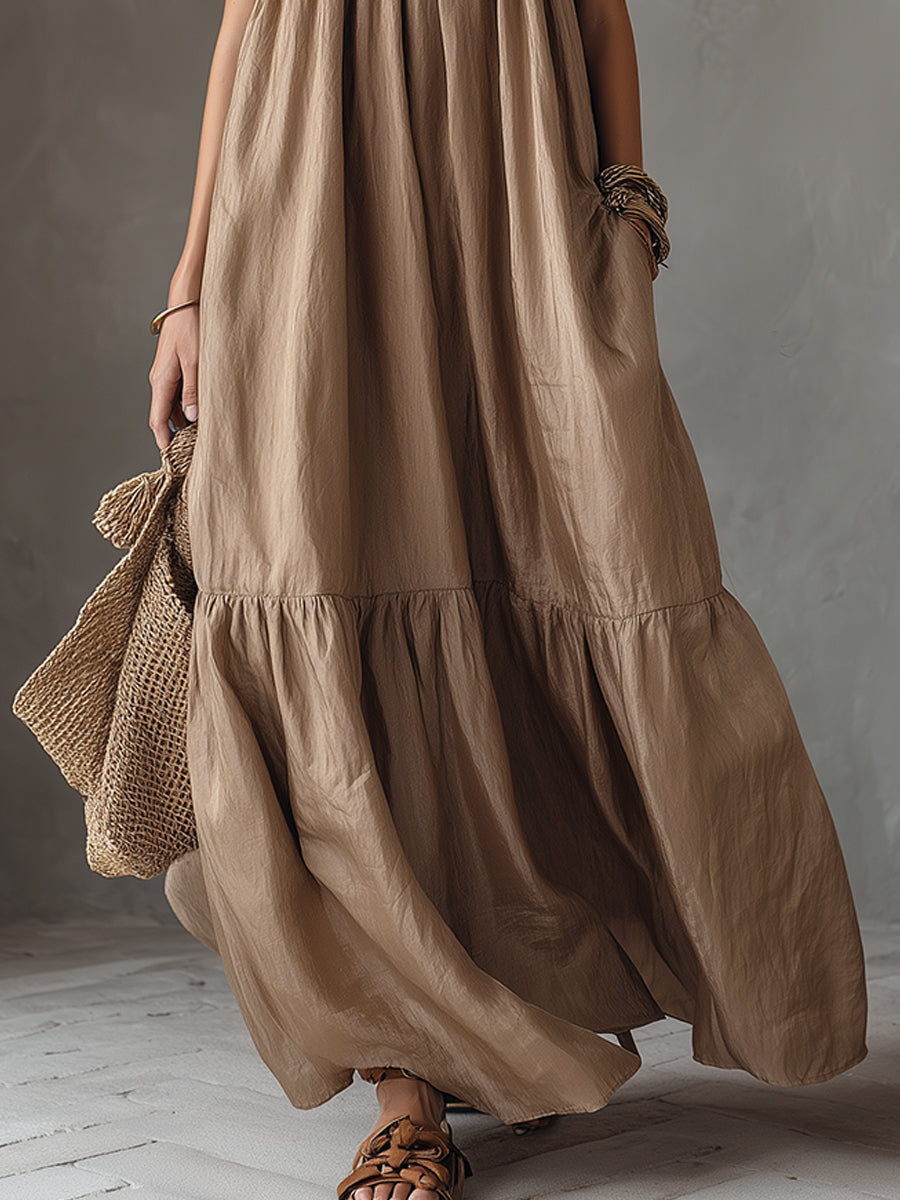 Retro Color-Block Tencel Maxi Dress With Ruffled Hem