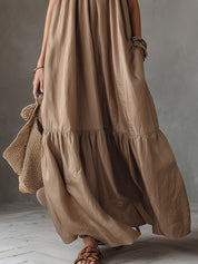 Retro Color-Block Tencel Maxi Dress With Ruffled Hem