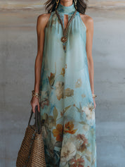 Boho Vacation-Style Floral Print Keyhole-Neck Chiffon Maxi Dress