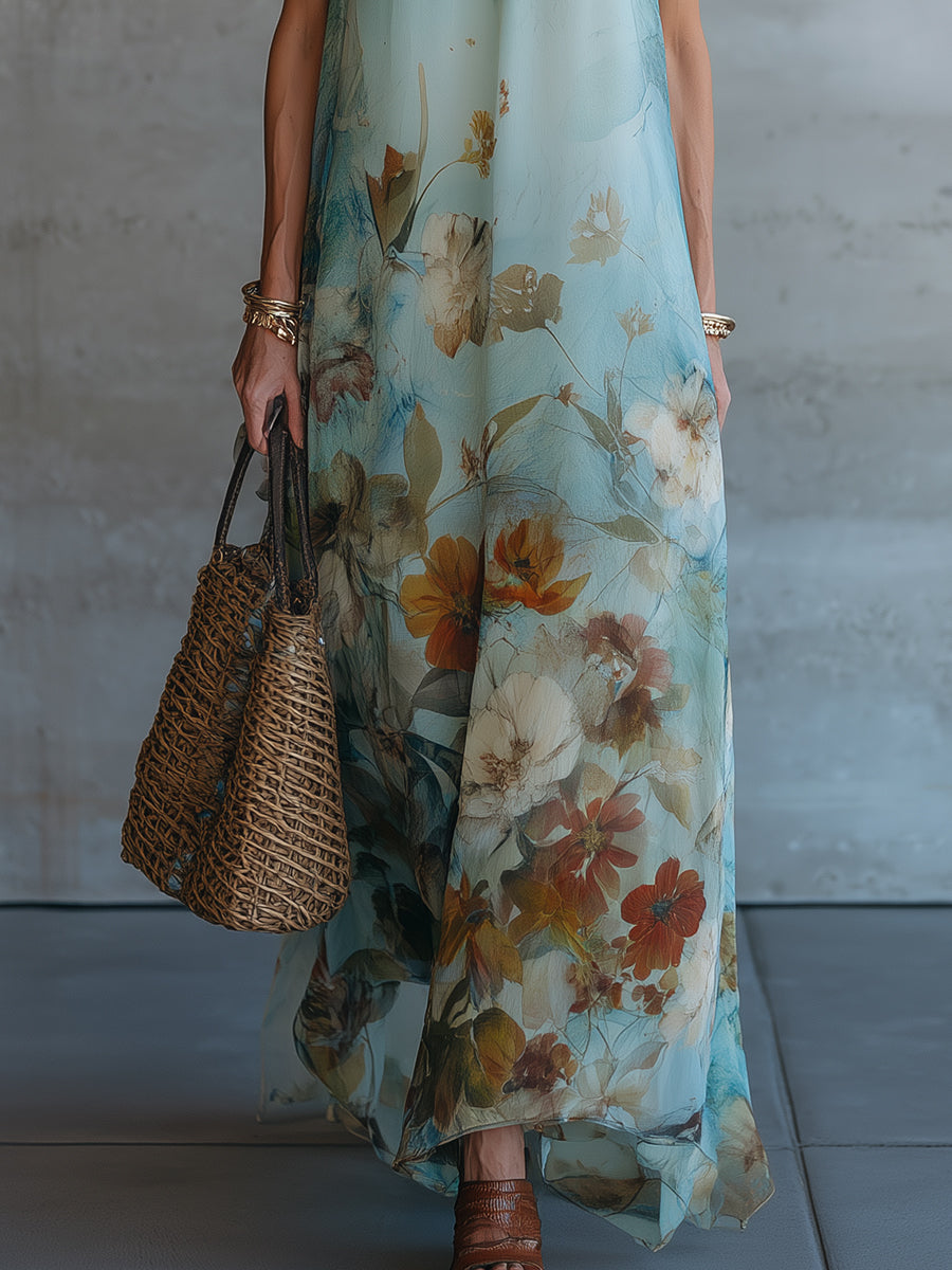 Boho Vacation-Style Floral Print Keyhole-Neck Chiffon Maxi Dress