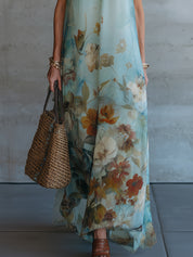Boho Vacation-Style Floral Print Keyhole-Neck Chiffon Maxi Dress
