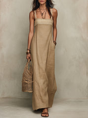 Quiet Luxury Lace-Trimmed Cotton-Linen Straight-Cut Maxi Dress