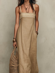 Quiet Luxury Lace-Trimmed Cotton-Linen Straight-Cut Maxi Dress
