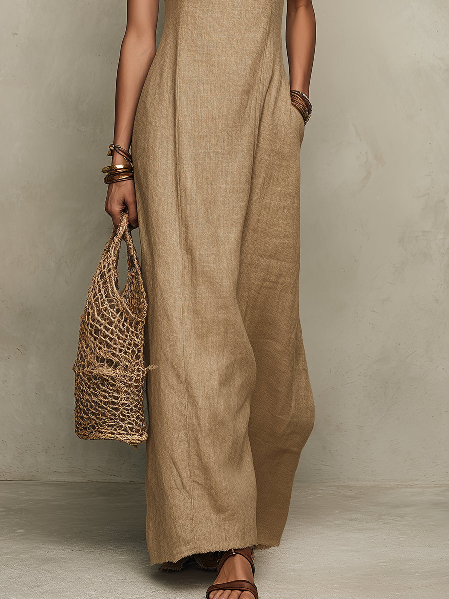 Quiet Luxury Lace-Trimmed Cotton-Linen Straight-Cut Maxi Dress