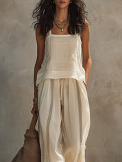 Boho Slub Linen Sleeveless Blouse & Lace-Trimmed Wide-Leg Pants Set