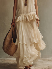 Romantic Boho Ruffled-Hem Chiffon Maxi Dress
