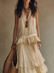 Romantic Boho Ruffled-Hem Chiffon Maxi Dress