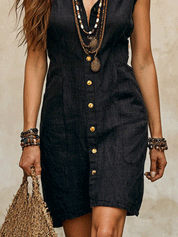 Chic Black Lightweight Linen Feel Feminine Silhouette Casual Mini Dress
