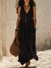 Effortless Boho Lace Trim Sleeveless Flowy Relaxed Fit Maxi Dress