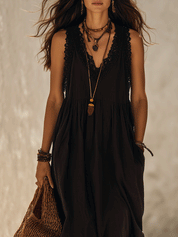 Effortless Boho Lace Trim Sleeveless Flowy Relaxed Fit Maxi Dress