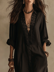 Boho Lace Insert Button-Front Flowy Relaxed Fit Maxi Dress