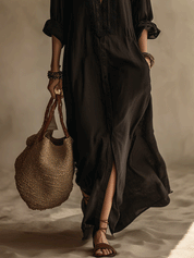 Boho Lace Insert Button-Front Flowy Relaxed Fit Maxi Dress