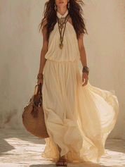 Effortless Boho Pleated Halter Neck Flowy Relaxed Fit Maxi Dress