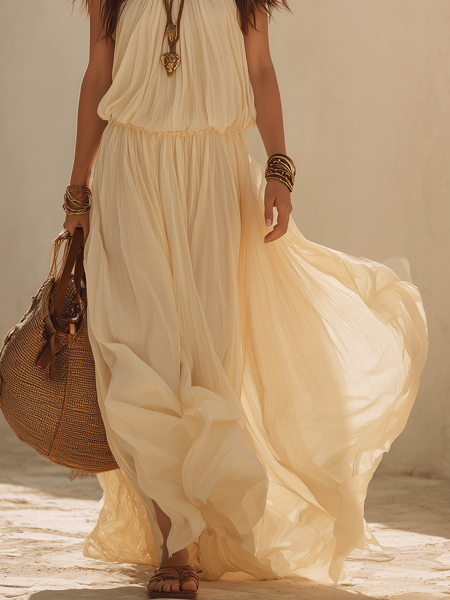 Effortless Boho Pleated Halter Neck Flowy Relaxed Fit Maxi Dress