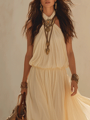 Effortless Boho Pleated Halter Neck Flowy Relaxed Fit Maxi Dress