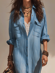 Effortless Boho Button-Front Relaxed Fit Lightweight Maxi Shirt Dress