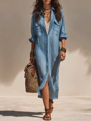Effortless Boho Button-Front Relaxed Fit Lightweight Maxi Shirt Dress