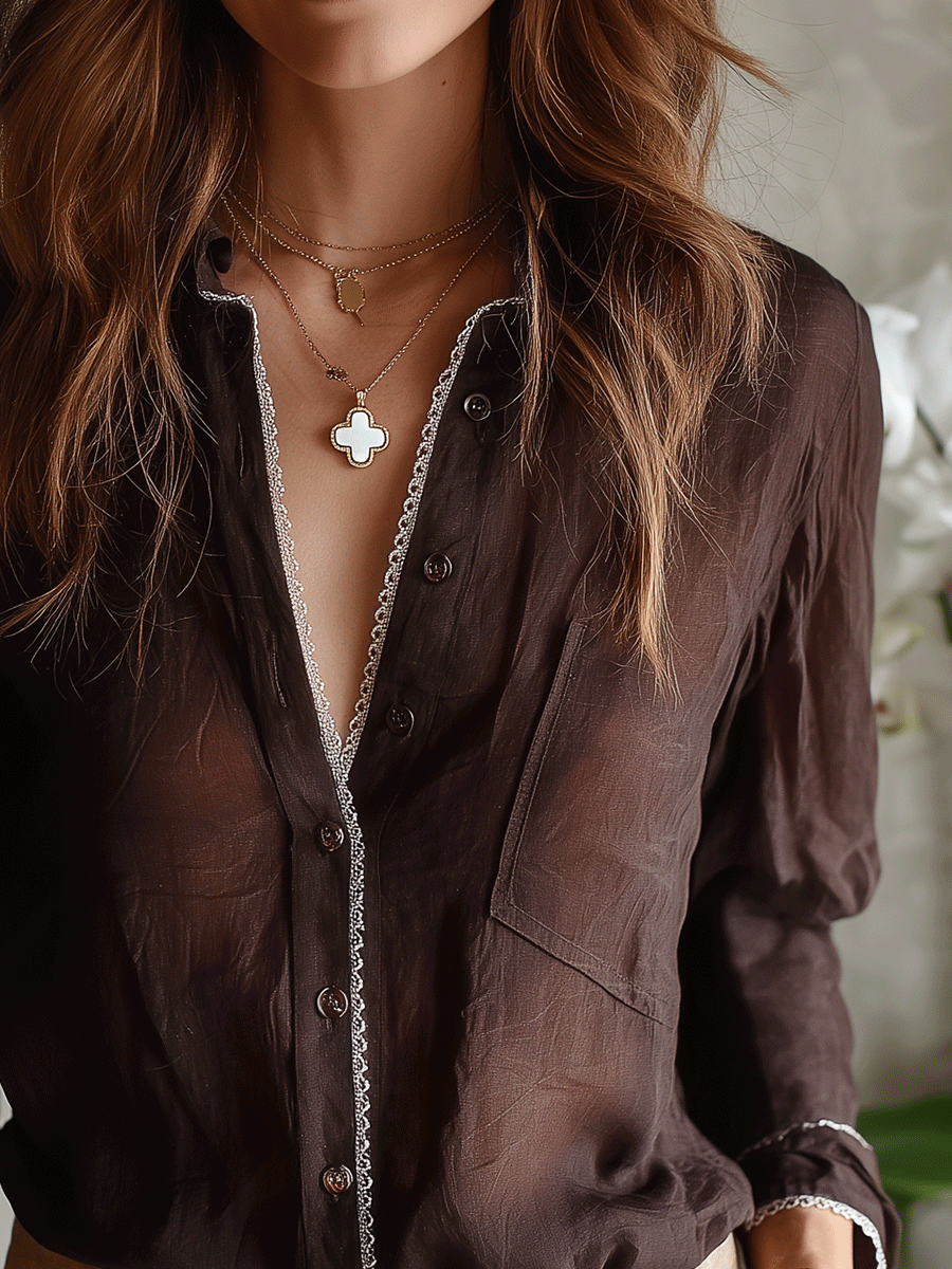Effortless Boho Lace Trim Sheer Button Front Relaxed Fit Blouse