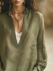 Effortless Boho Embroidered V-Neck Relaxed Fit Linen Feel Blouse