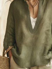 Effortless Boho Embroidered V-Neck Relaxed Fit Linen Feel Blouse