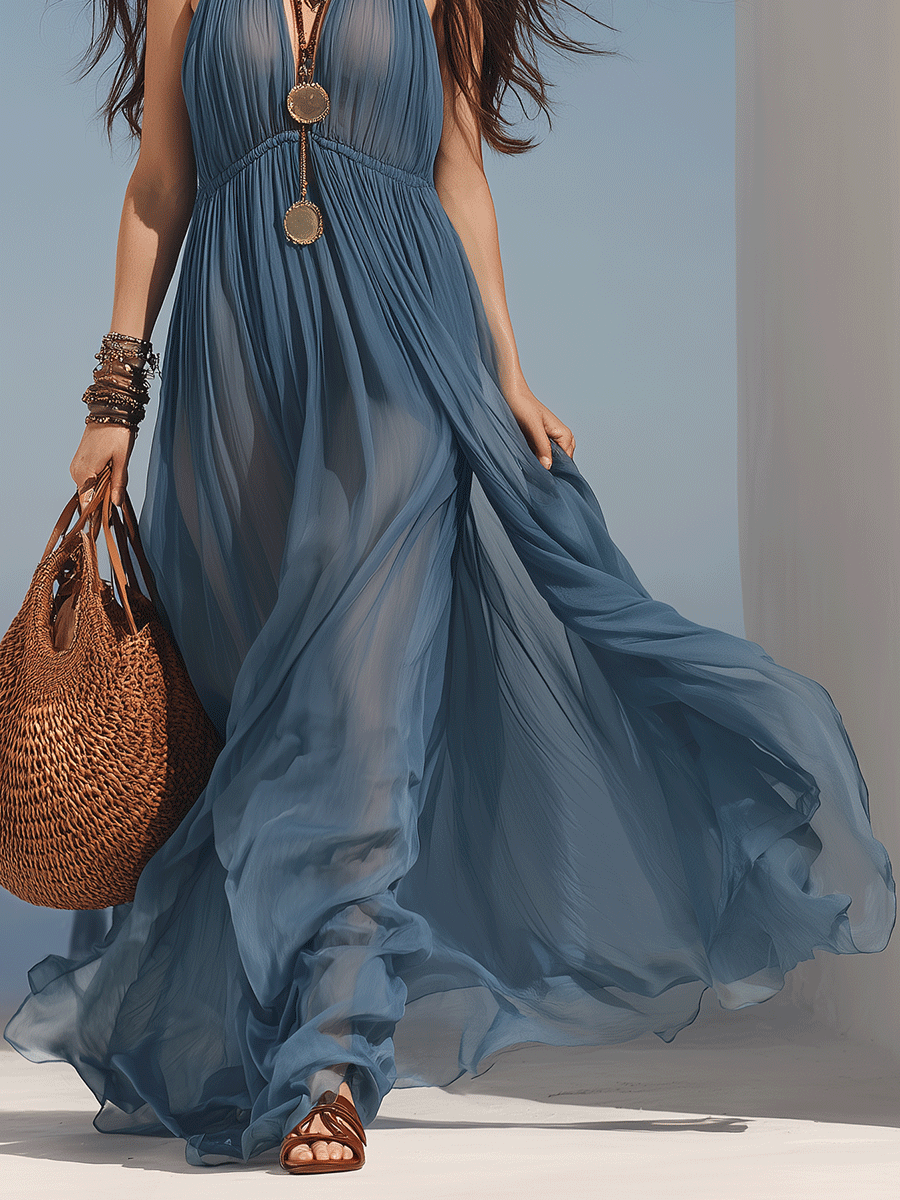 Elegant Blue Pleated Boho Luxury Maxi Dress