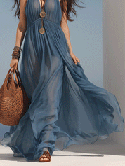 Elegant Blue Pleated Boho Luxury Maxi Dress