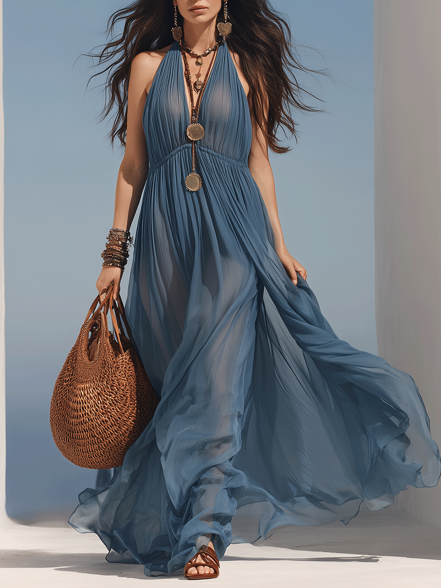 Elegant Blue Pleated Boho Luxury Maxi Dress