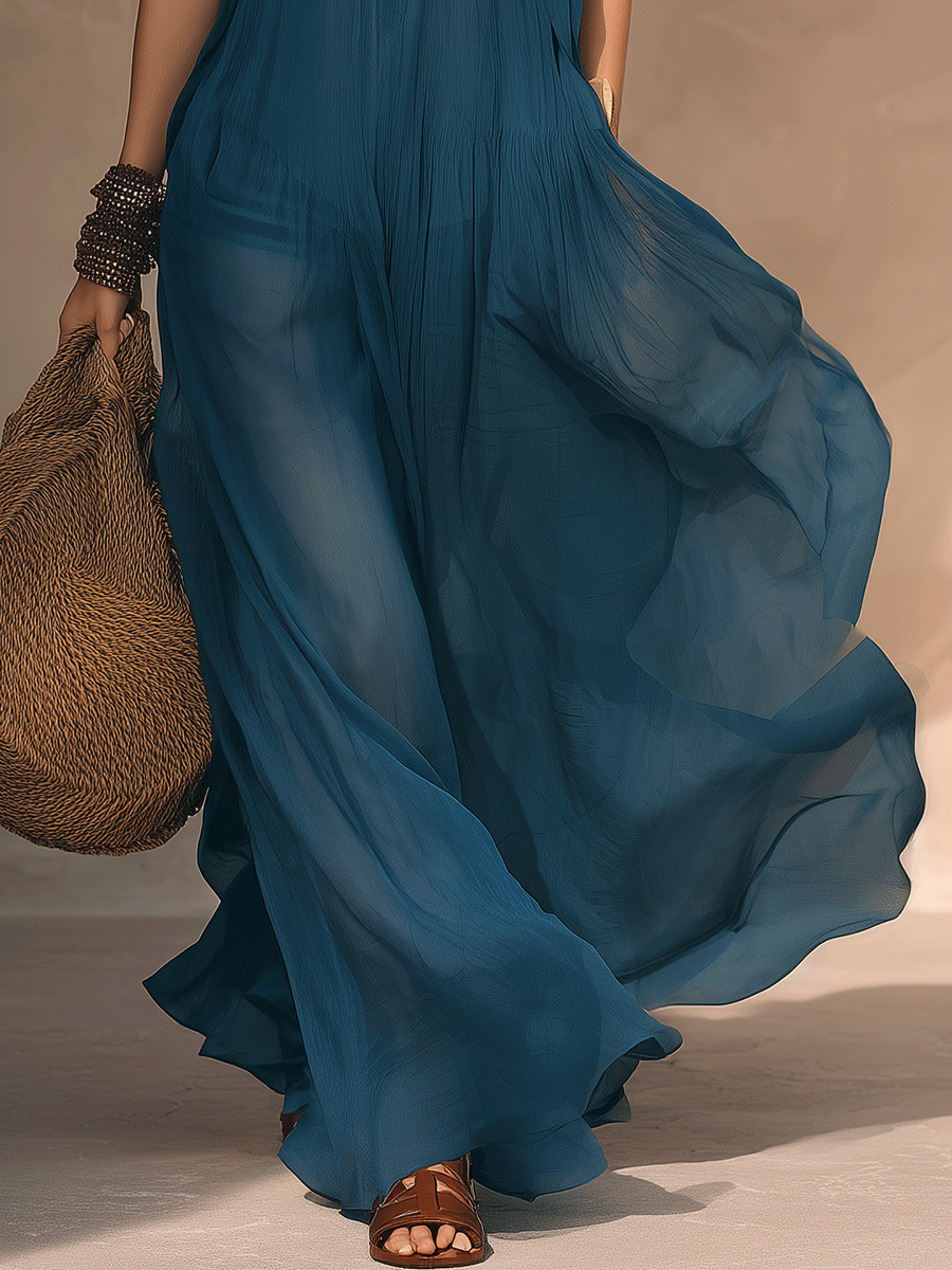 Bohemian Pleated Chiffon Resort Sapphire Blue Maxi Dress
