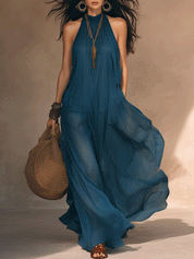 Bohemian Pleated Chiffon Resort Sapphire Blue Maxi Dress